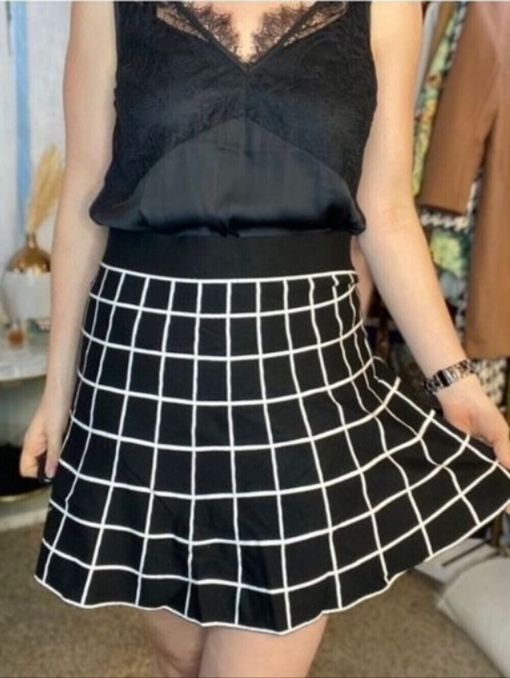 Ann Taylor Black White Windowpane Pull On Knit Sweater Skirt Size Small